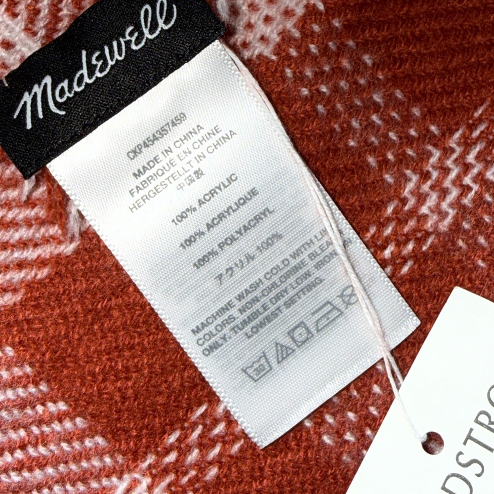 Madewell Nordstrom Plaid Fringe Scarf Rust White Terra Cotta Blanket OS New - Picture 8 of 8